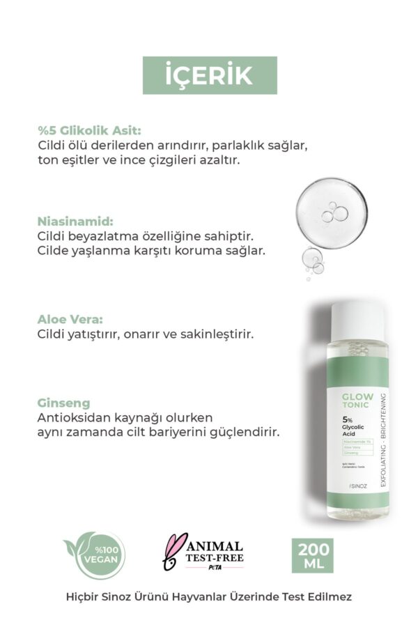 Sinoz 200 ml Glow Tonic – Glykolsäure 5 %, porenstraffend, reinigend, revitalisierend, Peeling-Effekt – Bild 3