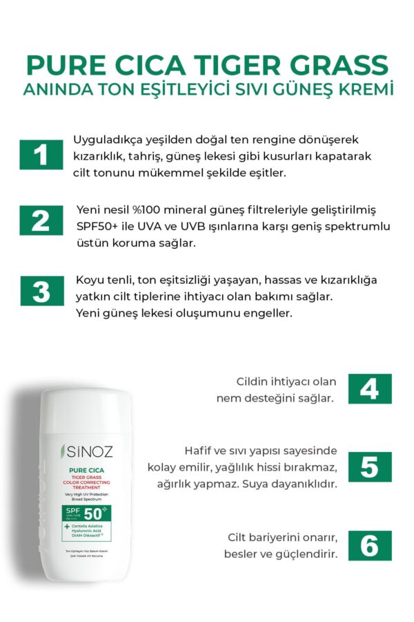 Sinoz Pure Cica Gesichtspflegecreme – Instant Tone Equalizing and Repairing, Mineral-Sonnenfilter Spf50 der neuen Generation – Bild 2
