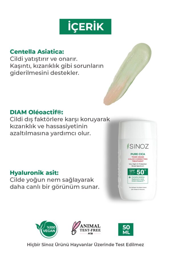 Sinoz Pure Cica Gesichtspflegecreme – Instant Tone Equalizing and Repairing, Mineral-Sonnenfilter Spf50 der neuen Generation – Bild 3