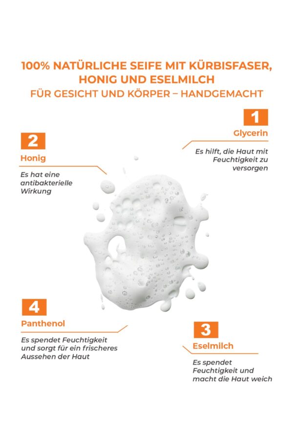 Sinoz Pür Doğal 100% natürliche Gesichts- und Körperseife aus Kürbisfasern, Honig und Eselsmilch – handgemacht 130 gr – Bild 3