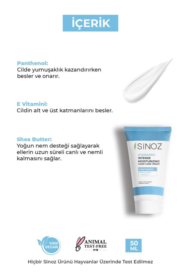 Sinoz Intensiv feuchtigkeitsspendende Handpflegecreme mit Vitamin E und Panthenol – 50 ml – Bild 3
